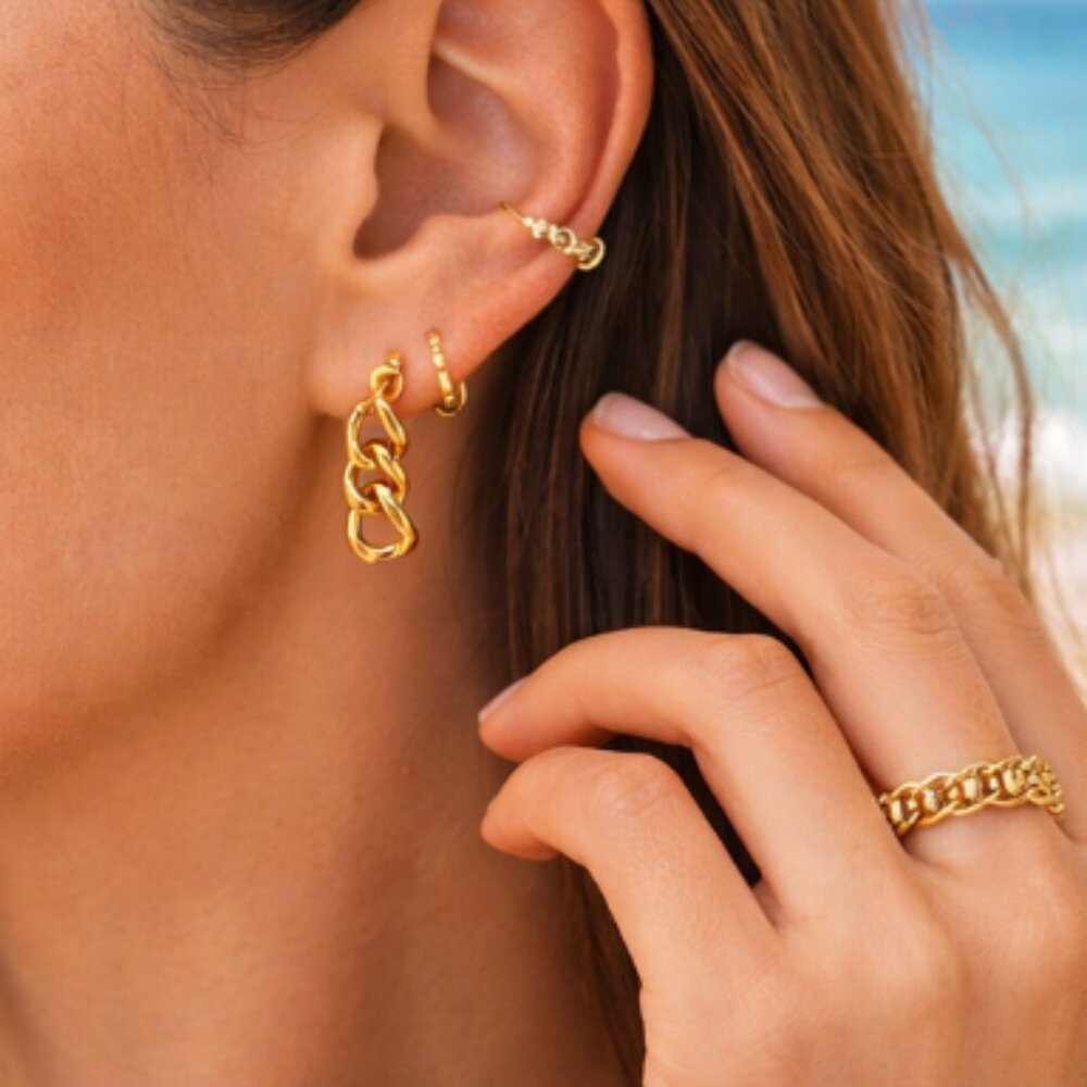 18K Gold Chunky Chain Link Earrings • Waterproof PVD Gold •Beach Jewelry (6c)